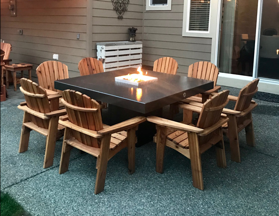 handcrafted garden chairs around a fire pit table