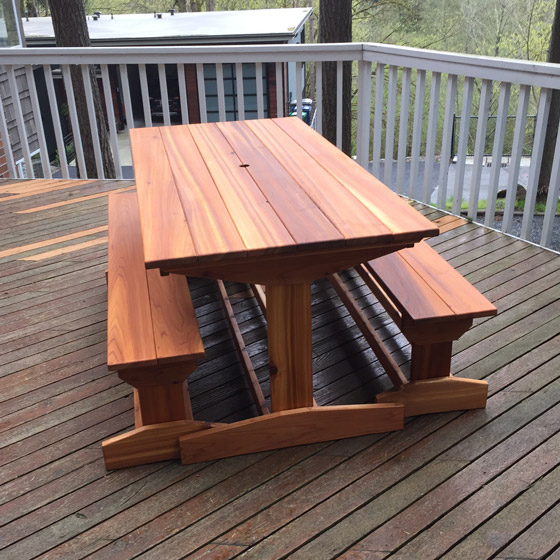 Handcrafted, made in Seattle western cedar trestle table and benches (picnic table)